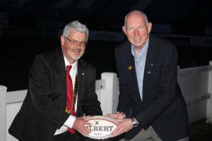 Club President Win Scutt and Martin play rugby before Martin's talk 